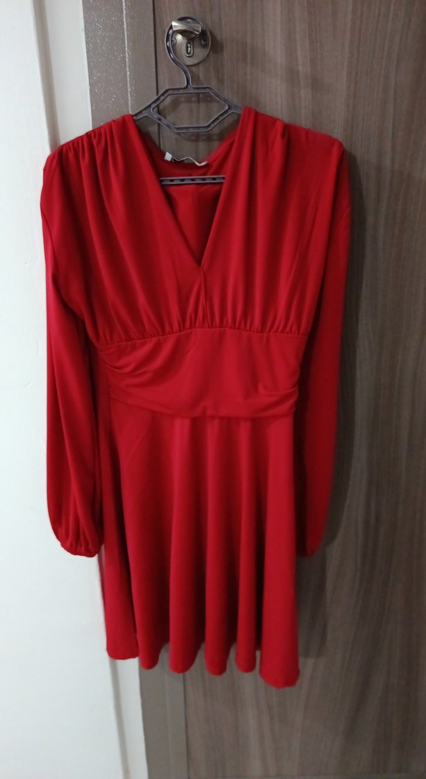 Klasik Kırmızı Midi Elbise V Yakalı - Görsel 2