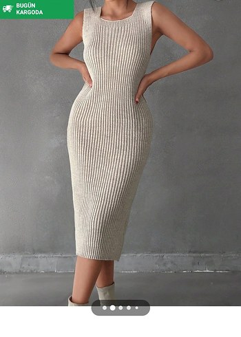 Bej Yüksek Yakalı Triko  Elbise - Görsel 2