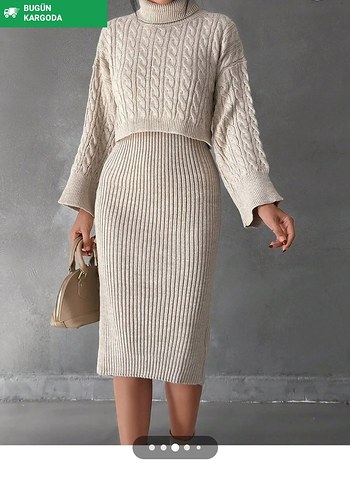 Bej Yüksek Yakalı Triko  Elbise - Görsel 3