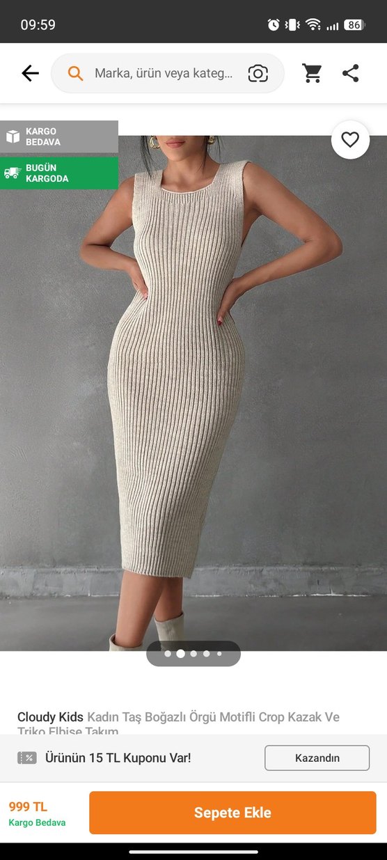 Bej Yüksek Yakalı Triko  Elbise - Görsel 2