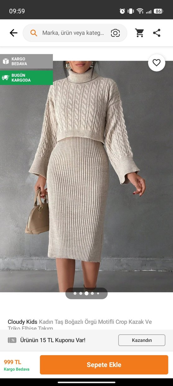 Bej Yüksek Yakalı Triko  Elbise - Görsel 3