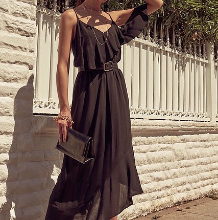 Trendyol & Milla Siyah volanlı asimetrik elbise 