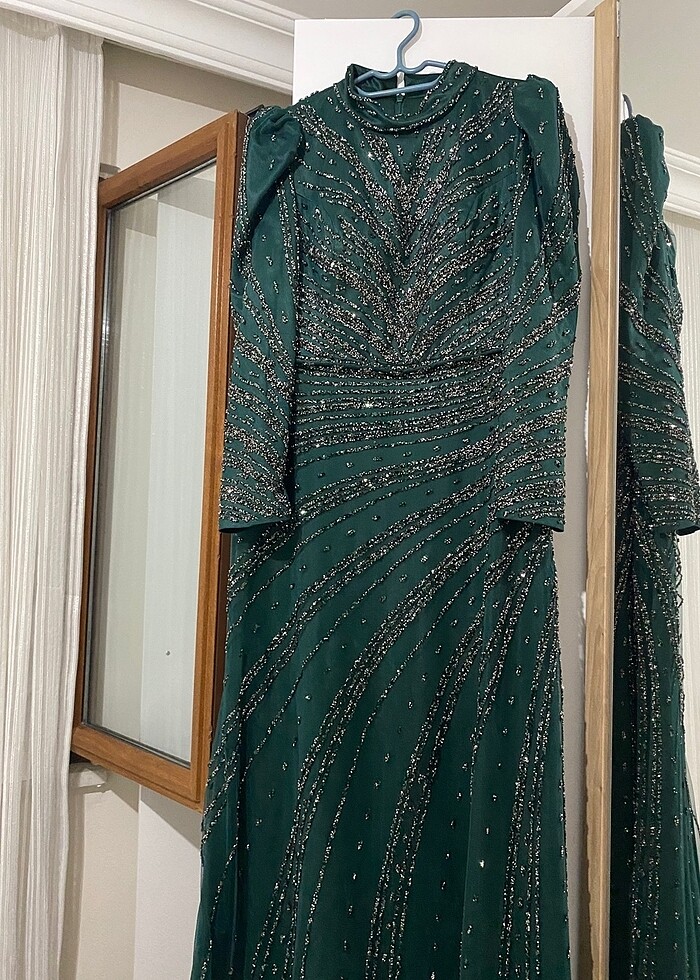 Tesettür Yeşil Taşlı Abiye - Görsel 3