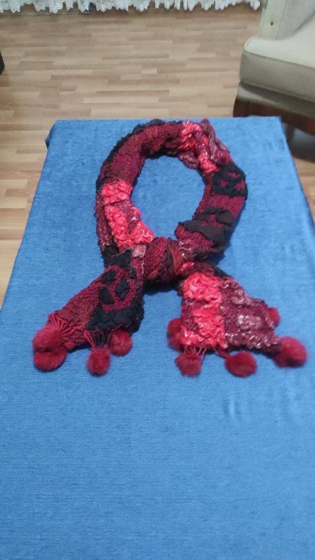 Bordo Bohem Örgü Kadın Şal - Görsel 4