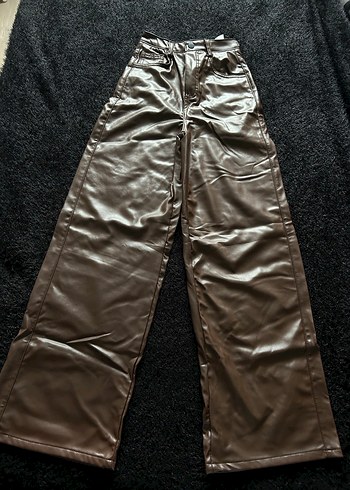 Kadın Kahverengi Deri Bol Kesim Pantolon - Görsel 2