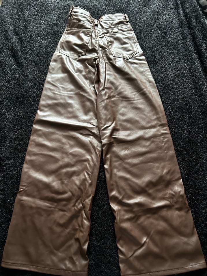 Kadın Kahverengi Deri Bol Kesim Pantolon - Görsel 4