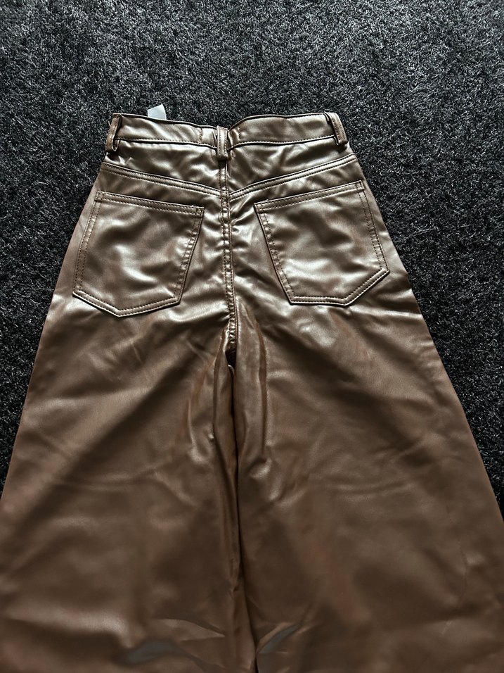 Kadın Kahverengi Deri Bol Kesim Pantolon - Görsel 3