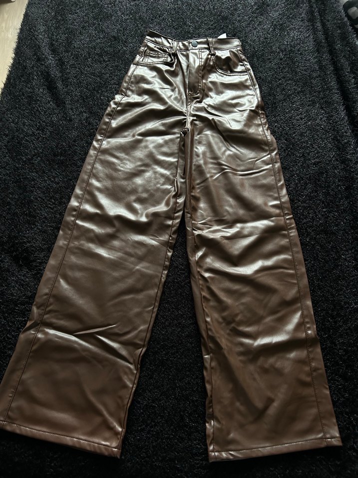 Kadın Kahverengi Deri Bol Kesim Pantolon - Görsel 2