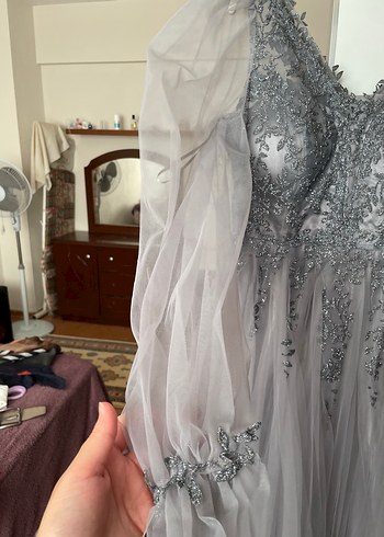 Vintage Gri Nakışlı Uzun Kollu Bohem Nişan Elbisesi - Görsel 5