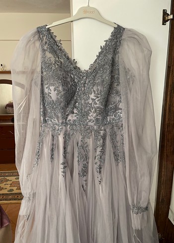 Vintage Gri Nakışlı Uzun Kollu Bohem Nişan Elbisesi - Görsel 6