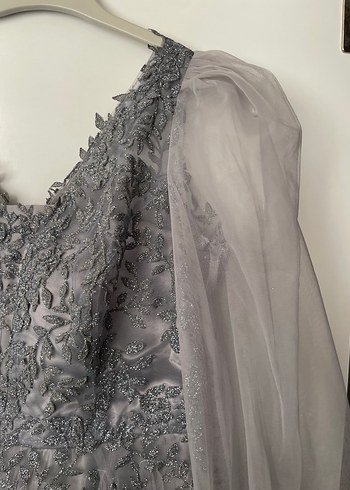 Vintage Gri Nakışlı Uzun Kollu Bohem Nişan Elbisesi - Görsel 2