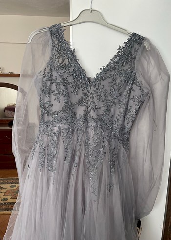 Vintage Gri Nakışlı Uzun Kollu Bohem Nişan Elbisesi - Görsel 7