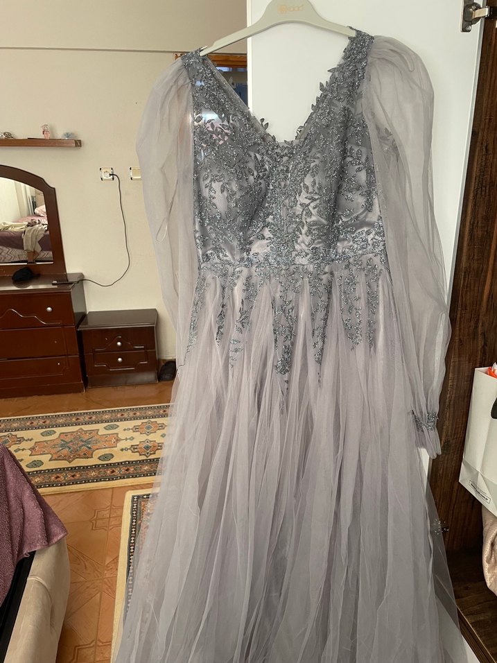 Vintage Gri Nakışlı Uzun Kollu Bohem Nişan Elbisesi - Görsel 3