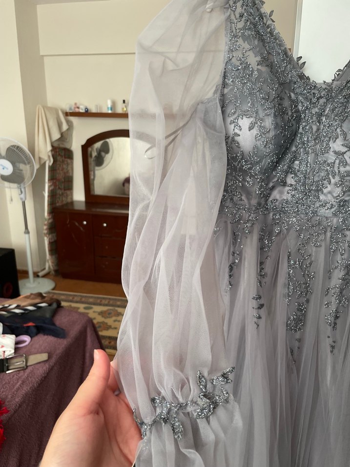 Vintage Gri Nakışlı Uzun Kollu Bohem Nişan Elbisesi - Görsel 5