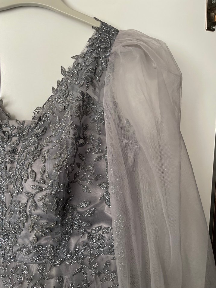 Vintage Gri Nakışlı Uzun Kollu Bohem Nişan Elbisesi - Görsel 2