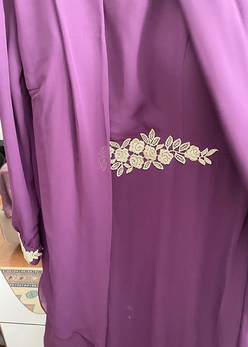 Uzun Mor İşlemeli Kadın Abiye Elbise - Görsel 4