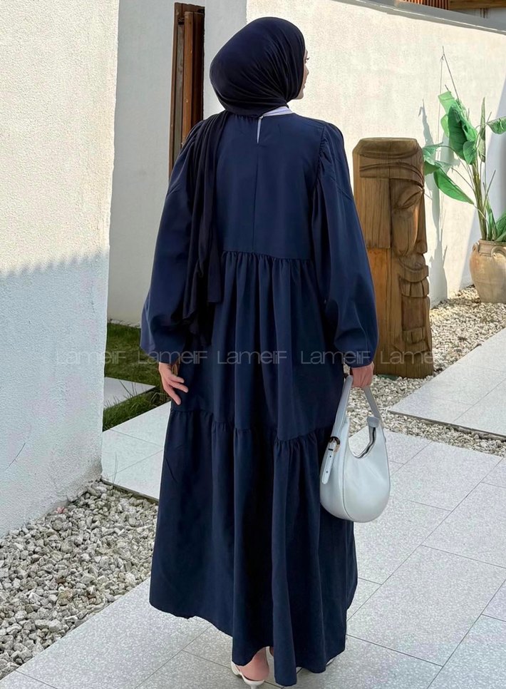 Lacivert Piliseli Uzun Kol Uzun Elbise - Görsel 4