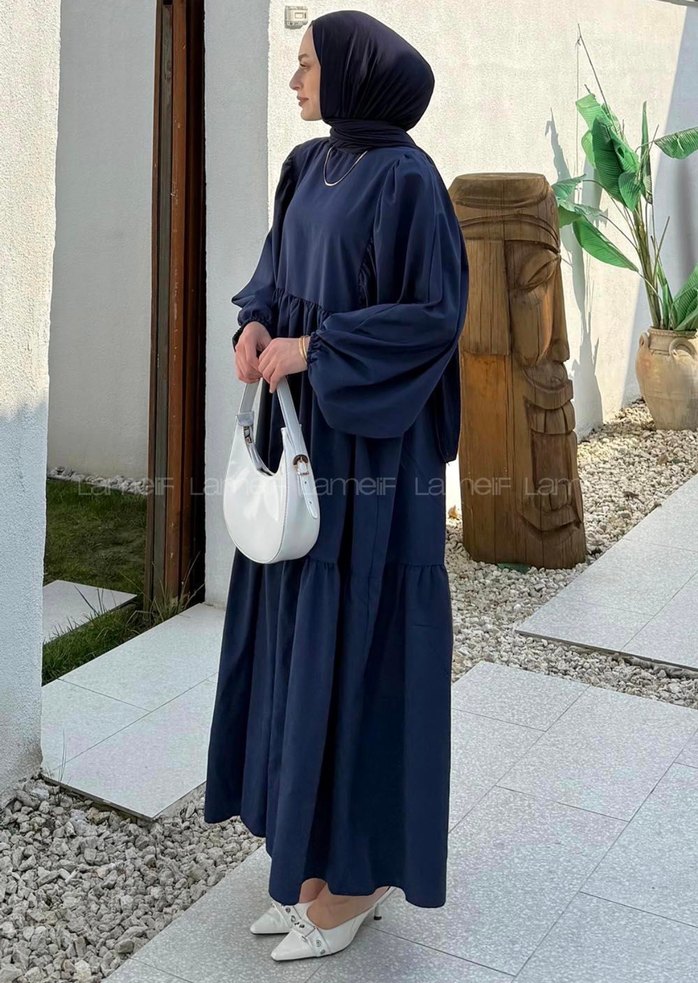 Lacivert Piliseli Uzun Kol Uzun Elbise - Görsel 2