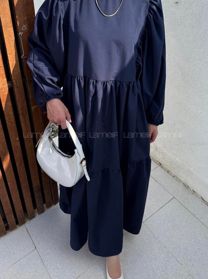 Lacivert Piliseli Uzun Kol Uzun Elbise - Görsel 3