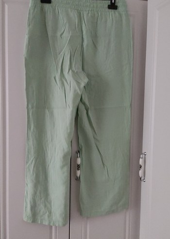 Kadın Yeşil Midi Keten Rahat Pantolon - Görsel 2