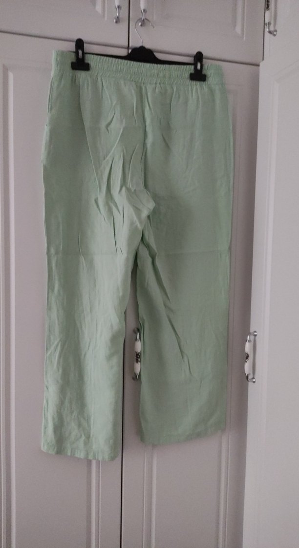 Kadın Yeşil Midi Keten Rahat Pantolon - Görsel 2