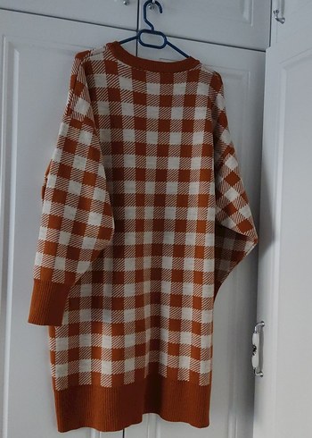 Ekoseli Kahverengi Örgü Midi Kazak - Görsel 2