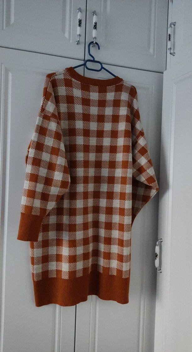 Ekoseli Kahverengi Örgü Midi Kazak - Görsel 2