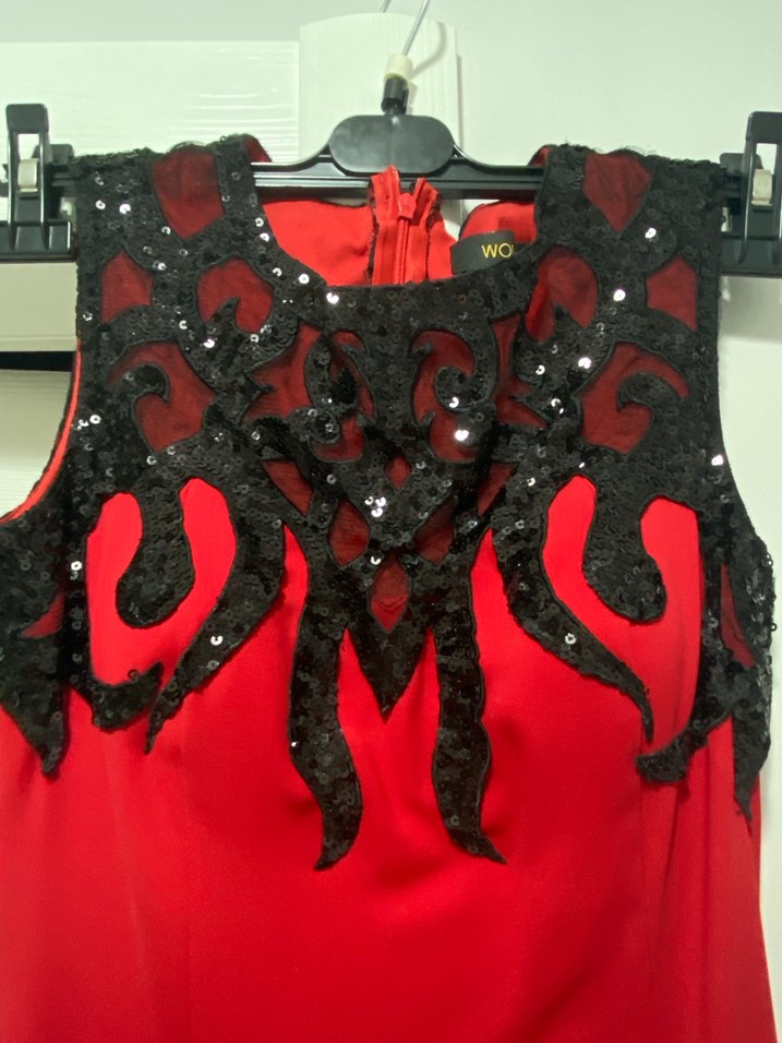 Kırmızı İşlemeli Uzun Abiye Elbise - Görsel 3