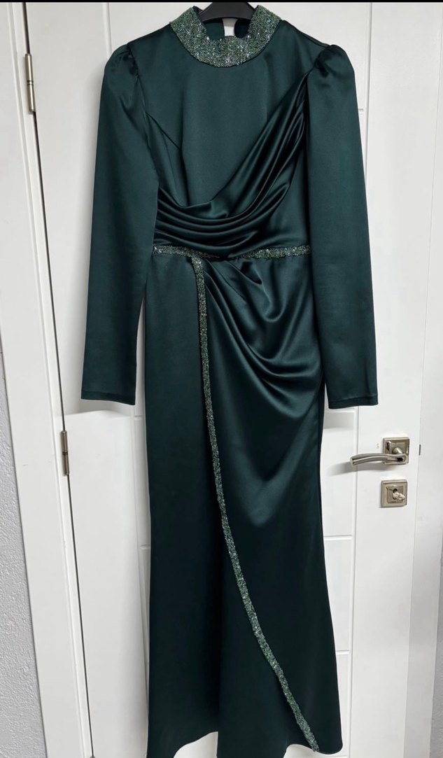 Uzun Kollu Koyu Pembe Drapeli Abiye Elbise - Görsel 4