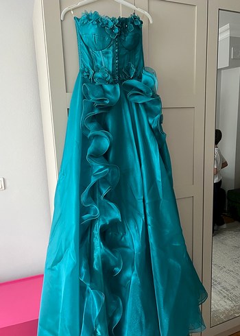 Turkuaz Straplez Uzun Abiye Elbise - Görsel 3