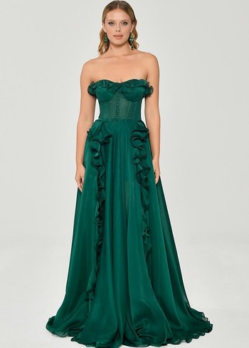 Turkuaz Straplez Uzun Abiye Elbise - Görsel 2