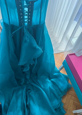 Turkuaz Straplez Uzun Abiye Elbise - Görsel 7