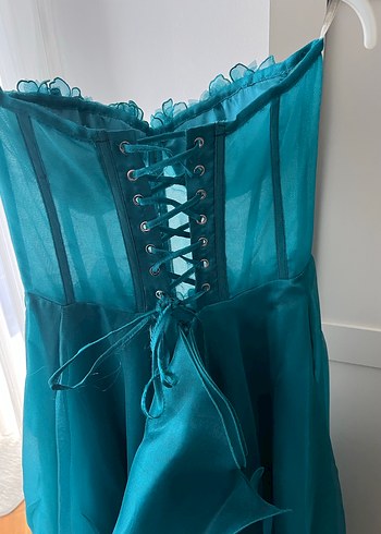 Turkuaz Straplez Uzun Abiye Elbise - Görsel 6