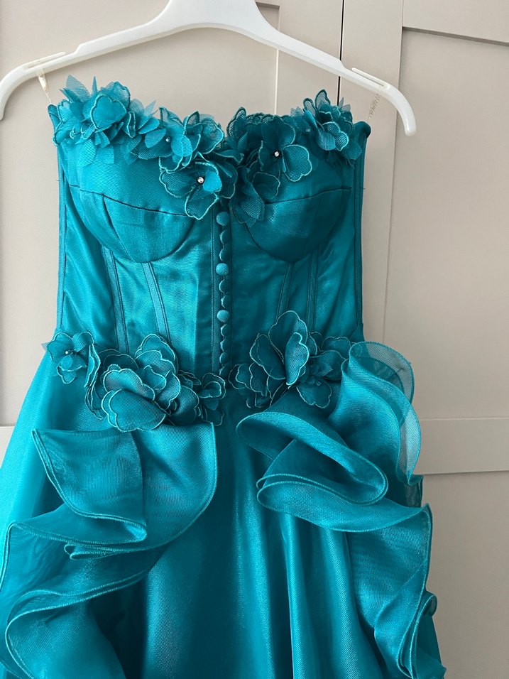 Turkuaz Straplez Uzun Abiye Elbise - Görsel 4