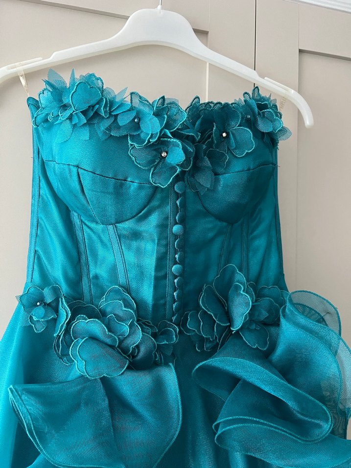 Turkuaz Straplez Uzun Abiye Elbise - Görsel 5