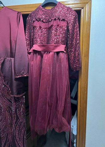 Bordo Uzun Kollu Drapeli Vintage Abiye Elbise - Görsel 5