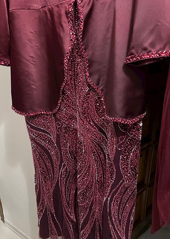 Bordo Uzun Kollu Drapeli Vintage Abiye Elbise - Görsel 2