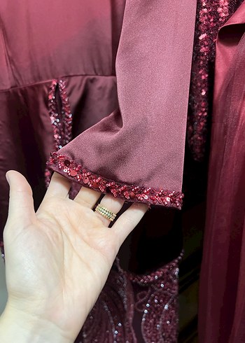 Bordo Uzun Kollu Drapeli Vintage Abiye Elbise - Görsel 4