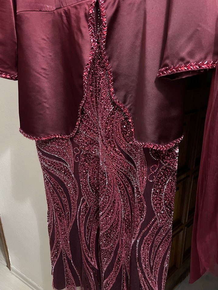 Bordo Uzun Kollu Drapeli Vintage Abiye Elbise - Görsel 2