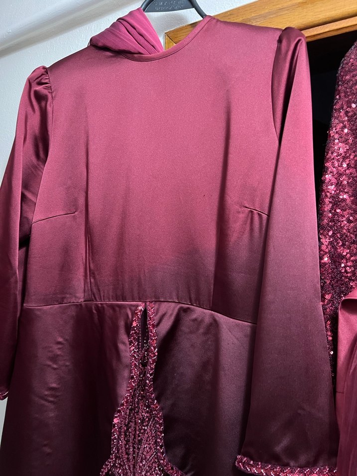 Bordo Uzun Kollu Drapeli Vintage Abiye Elbise - Görsel 3