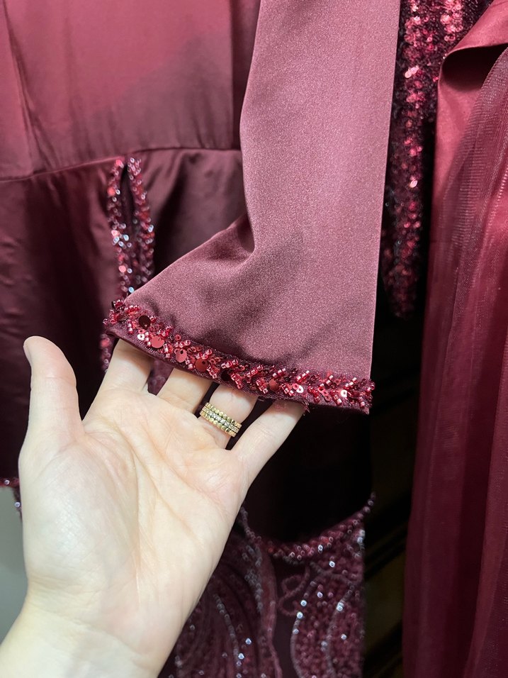 Bordo Uzun Kollu Drapeli Vintage Abiye Elbise - Görsel 4