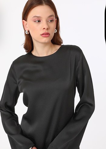 Siyah Uzun Kollu Kadın Uzun Elbise saten - Görsel 2