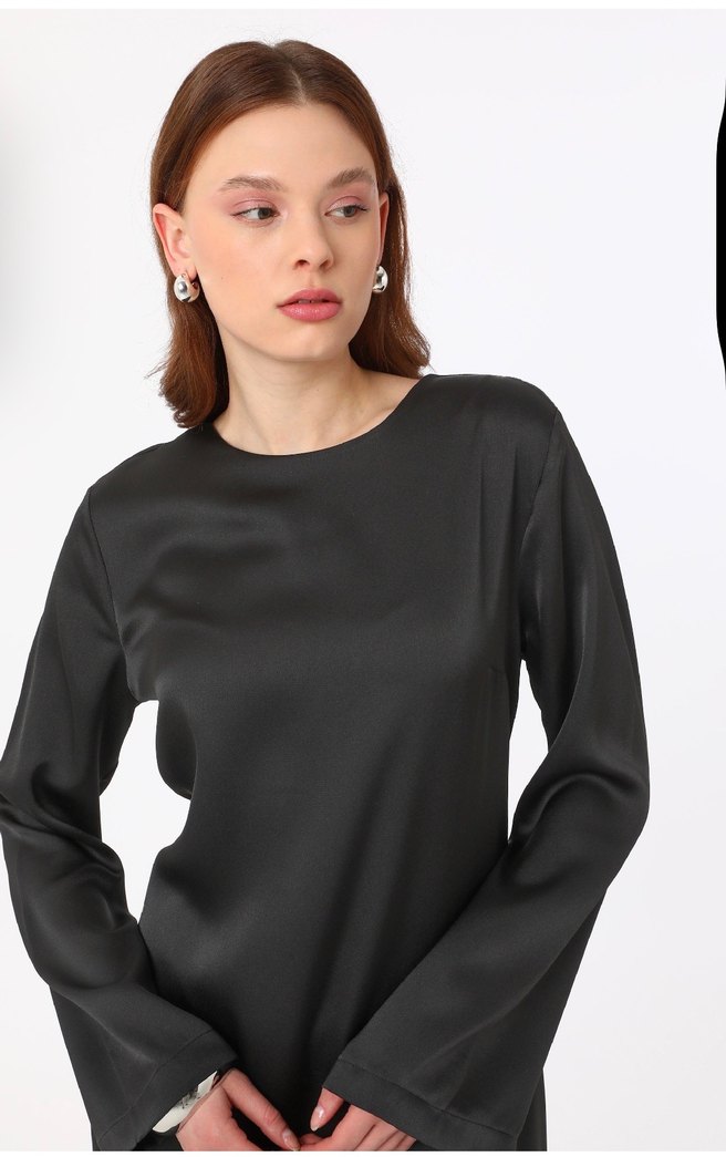 Siyah Uzun Kollu Kadın Uzun Elbise saten - Görsel 2