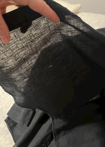 Düğmeli Siyah Keten erkek Gömlek - Görsel 3