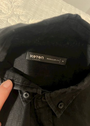 Düğmeli Siyah Keten erkek Gömlek - Görsel 2