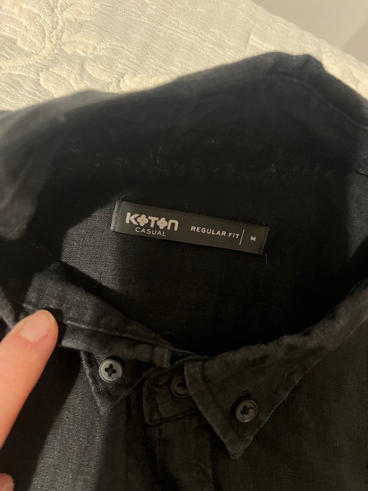 Düğmeli Siyah Keten erkek Gömlek - Görsel 2