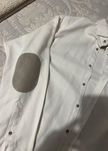 Gri Dirsek Detaylı Beyaz Erkek Keten Gömlek - Görsel 2