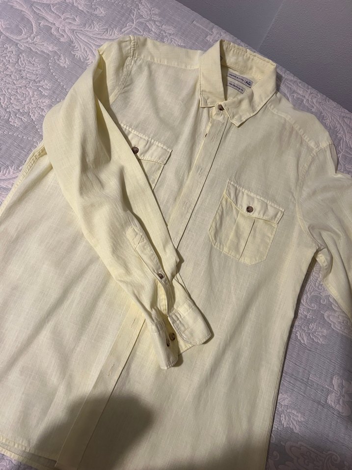 Sarı Kısa Kollu Keten Erkek Gömlek - Görsel 4