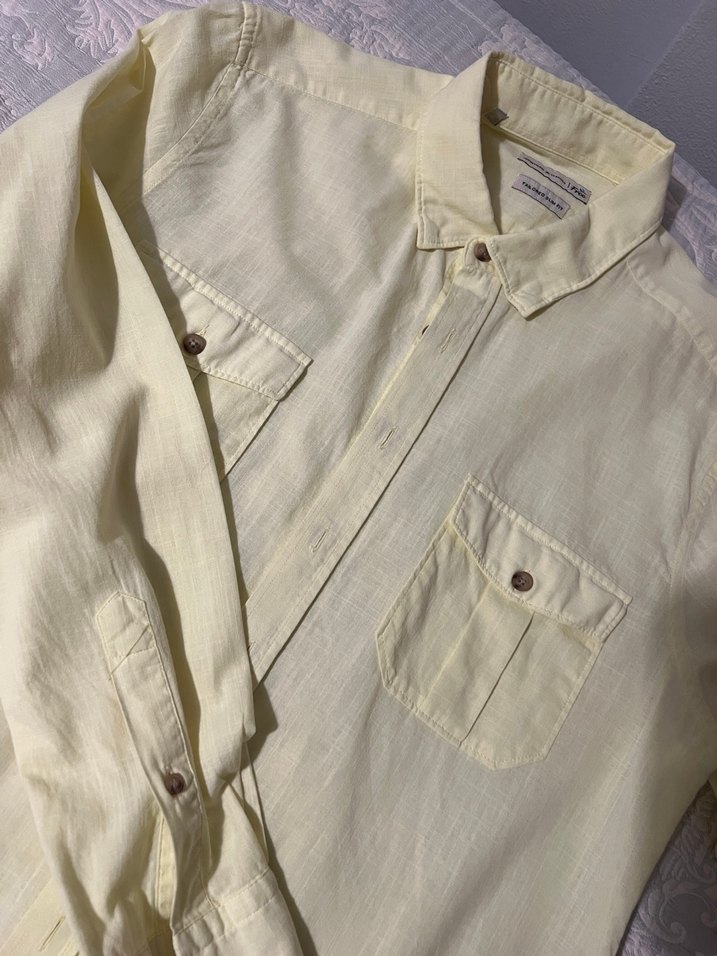 Sarı Kısa Kollu Keten Erkek Gömlek - Görsel 2