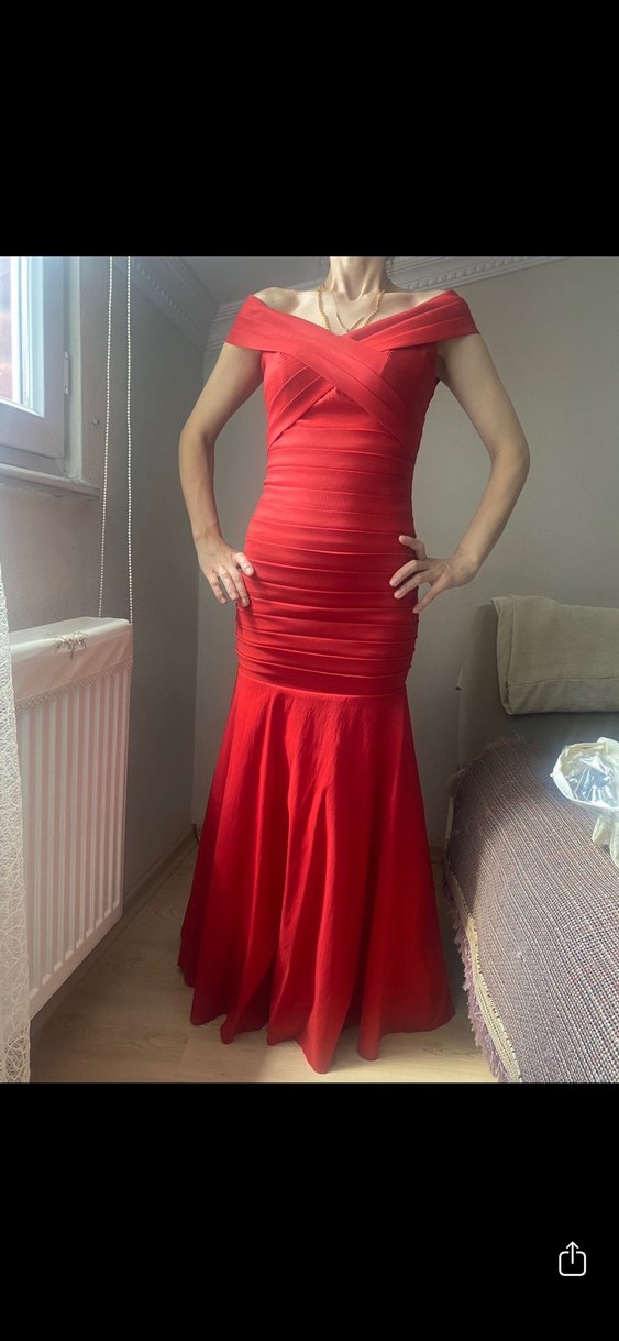 Klasik Kırmızı Straplez Uzun Abiye Elbise - Görsel 2